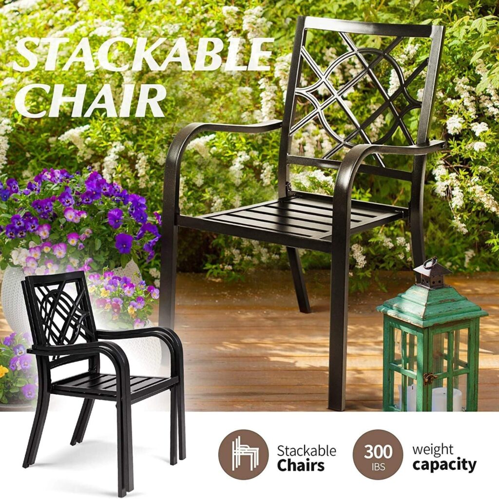 2 Pieces Outdoor Dining Chairs, Patio Bistro Wrought Iron Stackable Chairs with Armrest for Garden, Porch, Backyard, Black - Supports 250 lbs