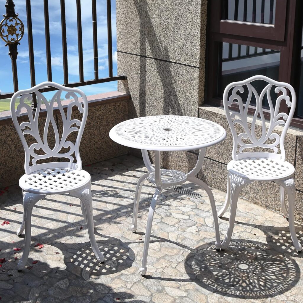 3 Piece Bistro Set,Outdoor Patio Set,Anti-Rust Cast Aluminum Bistro Table Set for Park Yard Front Porch Furniture(White)