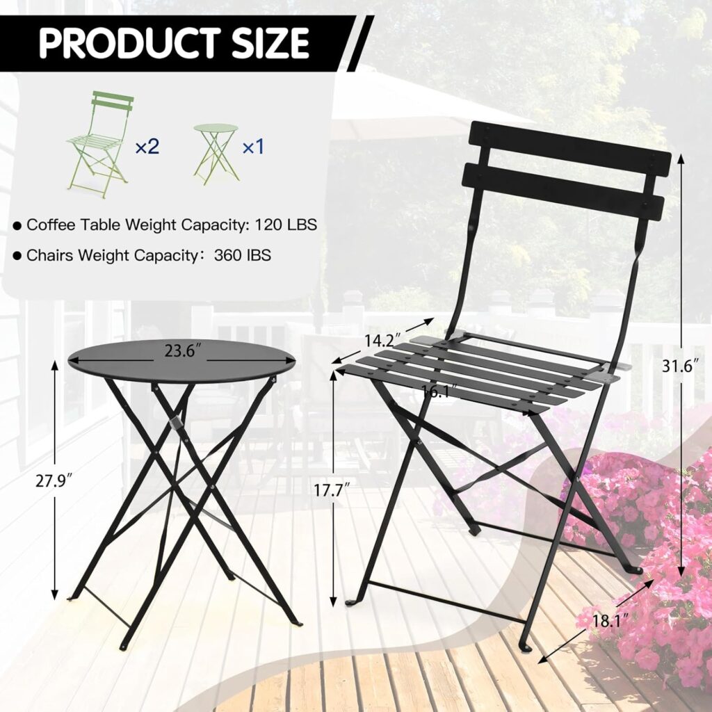 3-Piece Bistro Table and Chairs, Wrought Iron Bistro Set, Anti-Rust, Waterproof Folding Cafe Table and Chairs Set of 2, Foldable Small Bistro Set for Indoor/Outdoor/Porch/Lawn/Balcony/Small Space