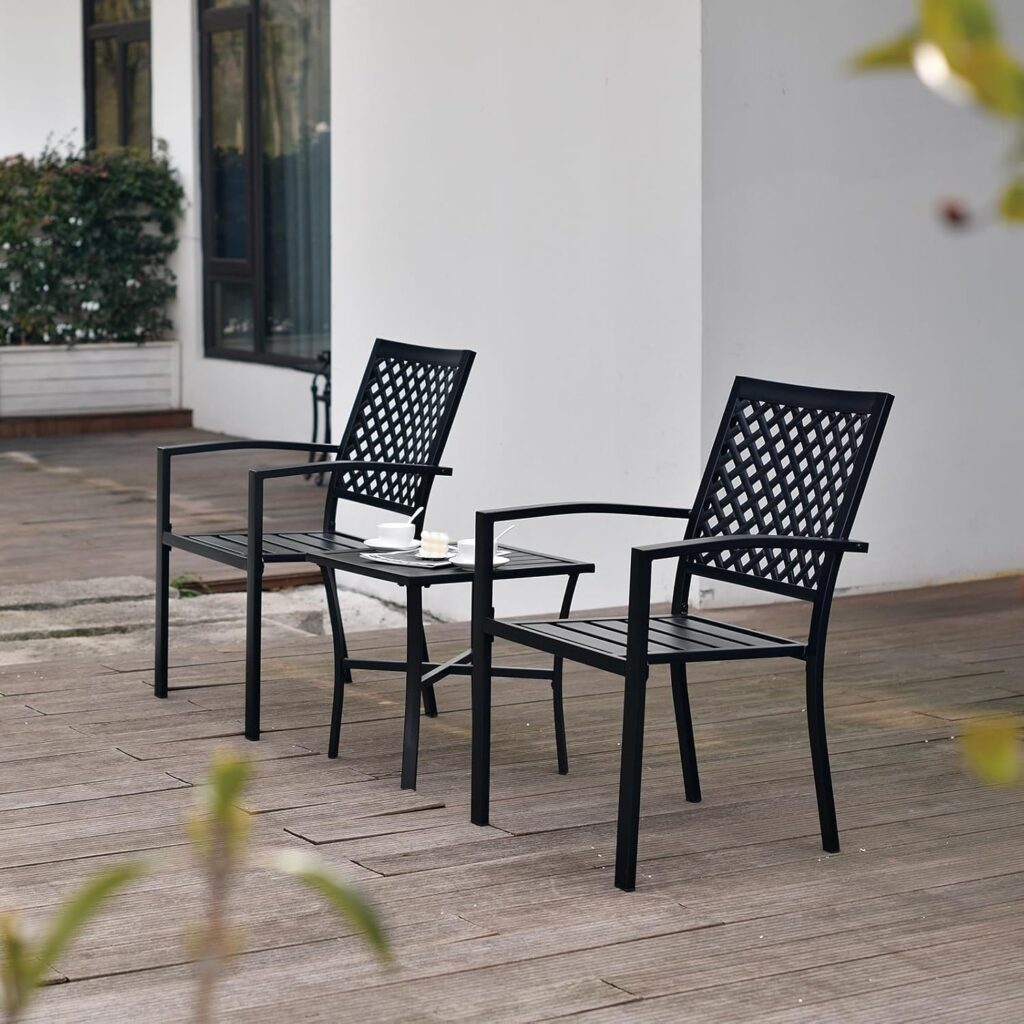 3 Piece Iron Bistro Set Stackable Outdoor Patio Furniture Set with 2 Large Comfortable Porch Chairs and Metal Coffee Table, Black