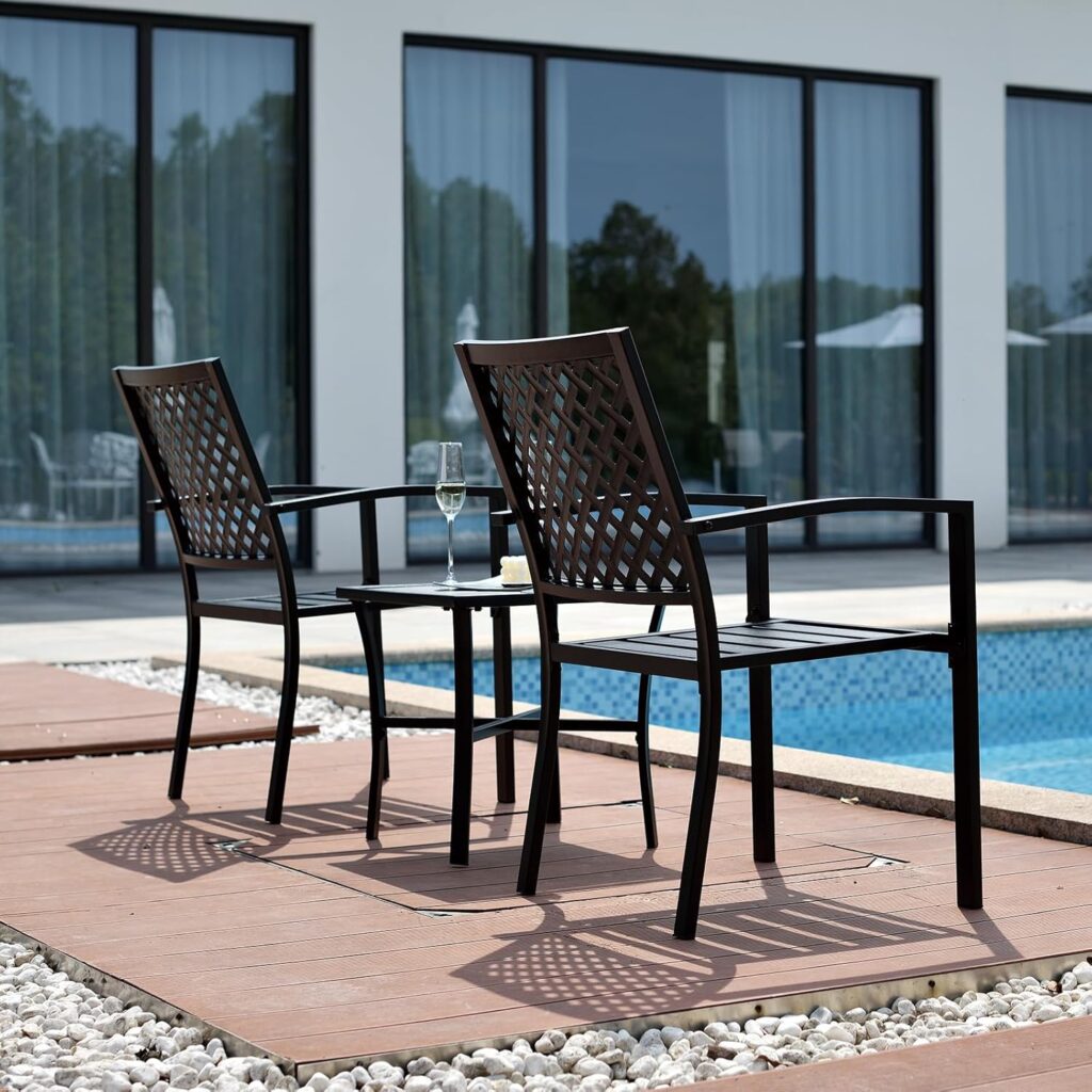 3 Piece Iron Bistro Set Stackable Outdoor Patio Furniture Set with 2 Large Comfortable Porch Chairs and Metal Coffee Table, Black
