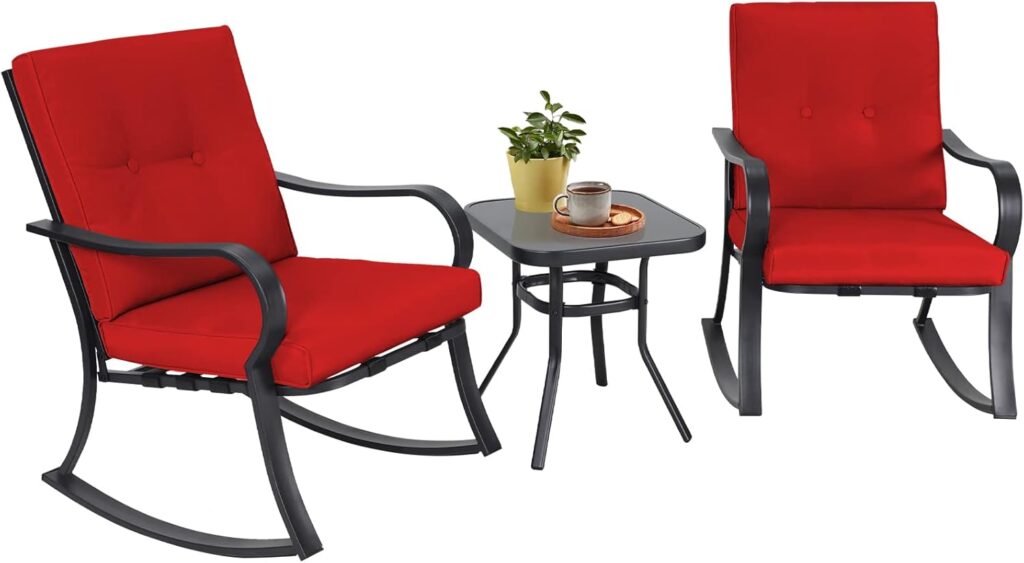 3-Piece Outdoor Rocking Chairs Bistro Sets Patio Furniture Set, Glass-Top Coffee Table and Black Iron Chairs with Red Thick Cushions