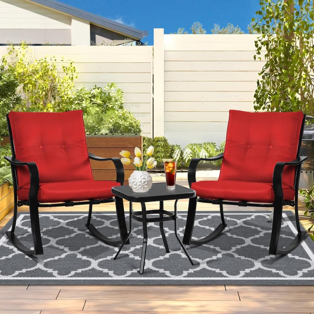 3-Piece Outdoor Rocking Chairs Bistro Sets Patio Furniture Set, Glass-Top Coffee Table and Black Iron Chairs with Red Thick Cushions