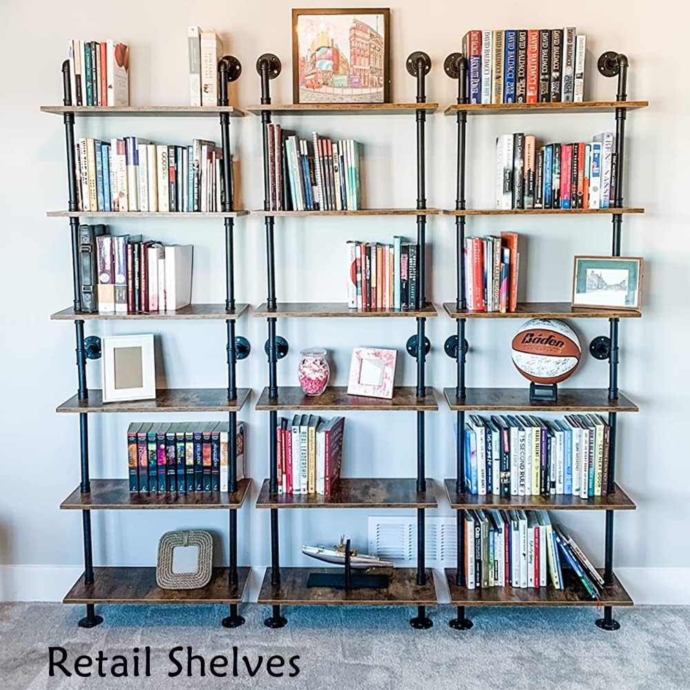 6-Tier Industrial Pipe Shelves Shelf Shelving Rustic Wood Metal Wrought Iron Ladder Bookcase Bookshelf Wall Mounted Mount DIY Loft Vintage Floating Hanging Storage Display (23.6x9.8x78.7”)