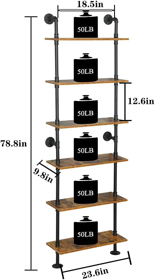 6-Tier Industrial Pipe Shelves Shelf Shelving Rustic Wood Metal Wrought Iron Ladder Bookcase Bookshelf Wall Mounted Mount DIY Loft Vintage Floating Hanging Storage Display (23.6x9.8x78.7”)