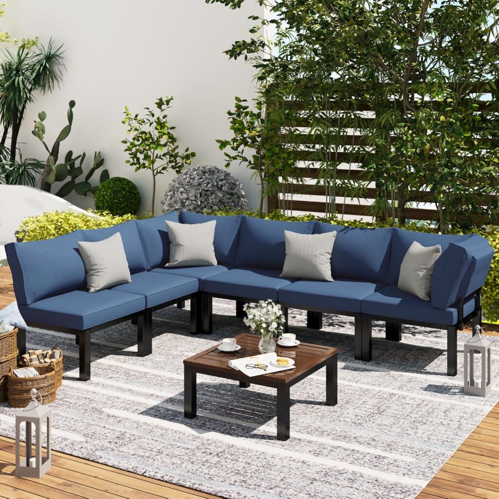 AECOJOY Patio Furniture Set Metal, Outdoor Sectional Wrought Iron Patio Furniture Sets Clearance, 7 Pieces Patio Conversation Sets with Navy Blue Cushions for Outside Use