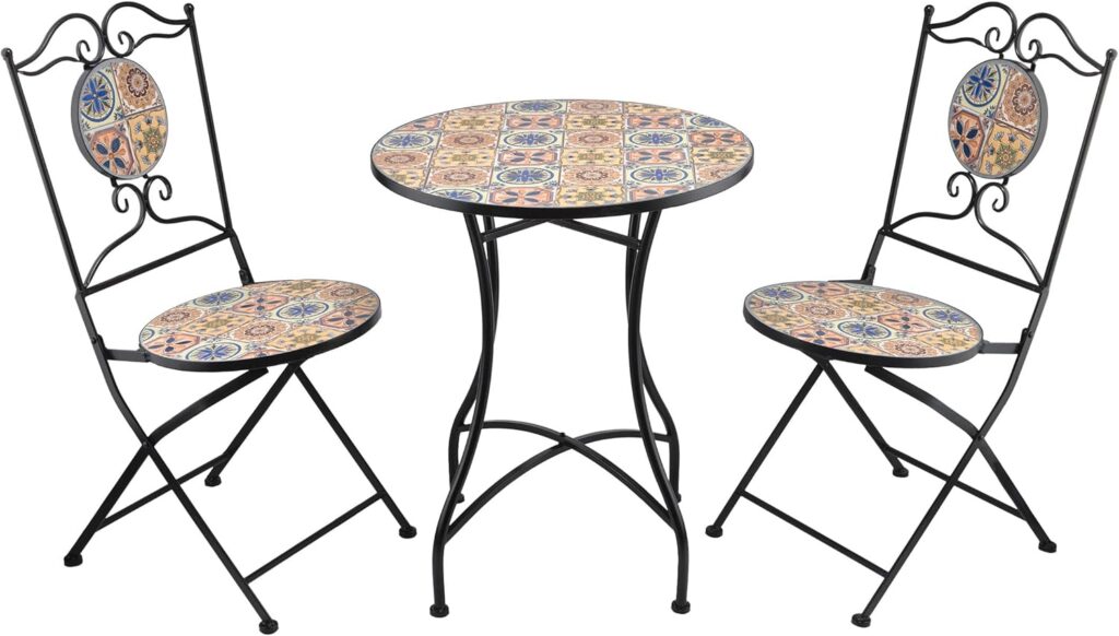 Alpine Corporation Indoor/Outdoor Mediterranean Tile Design Set Table and Chairs Patio Seating