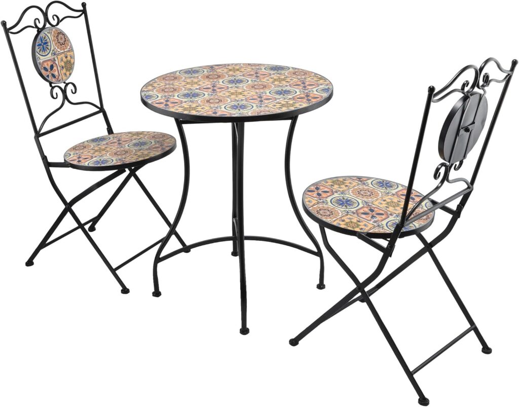 Alpine Corporation Indoor/Outdoor Mediterranean Tile Design Set Table and Chairs Patio Seating