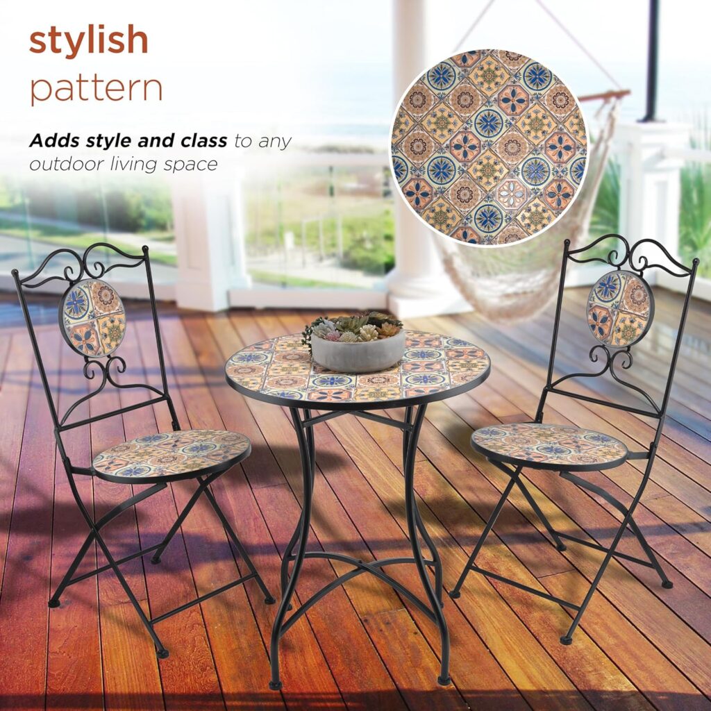 Alpine Corporation Indoor/Outdoor Mediterranean Tile Design Set Table and Chairs Patio Seating