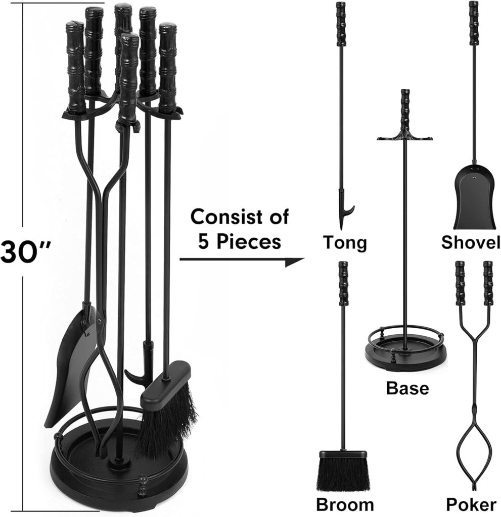 AMAGABELI GARDEN  HOME 5 Pieces Fireplace Tools Sets Wrought Iron Indoor Fireplace Set with Poker Tongs Broom Shovel Stand Fire Tools Outdoor Fire Place Fire Pit Hearth Accessories Sets Black