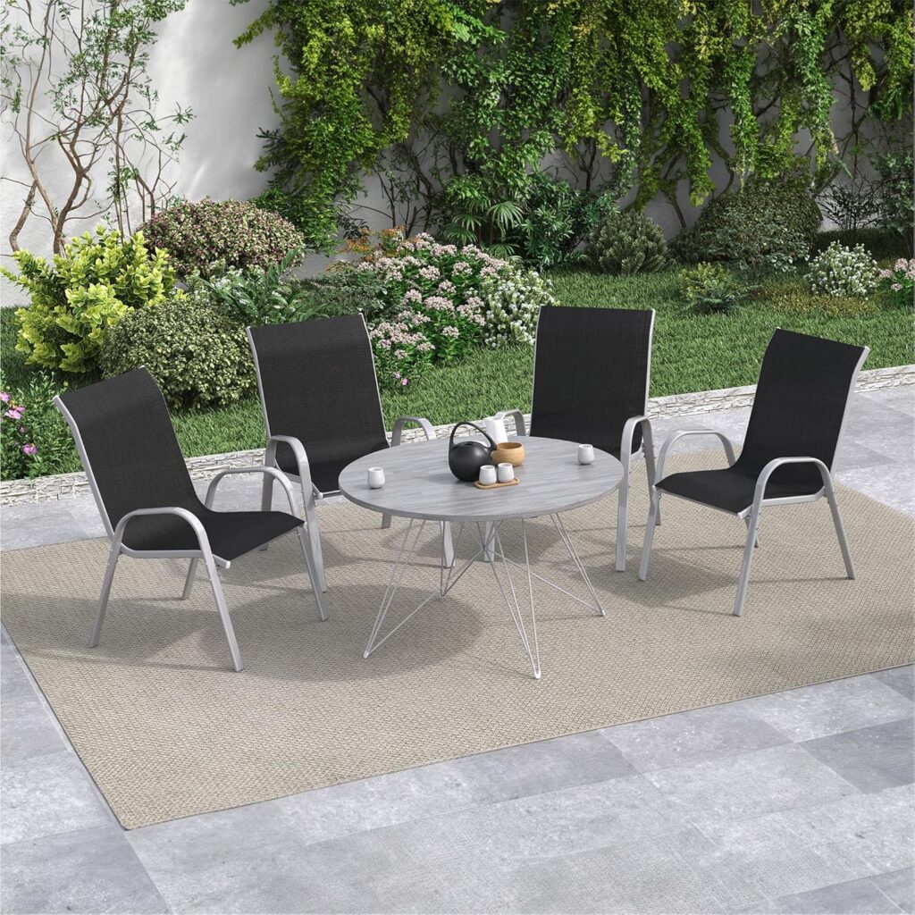 Amopatio Patio Chairs Set of 4, Outdoor Stackable Dining Chairs for All Weather, Comfortable Breathable Patio Dining Chairs Silver Outdoor Chairs Garden Outdoor Furniture for Backyard Deck, Dark Grey