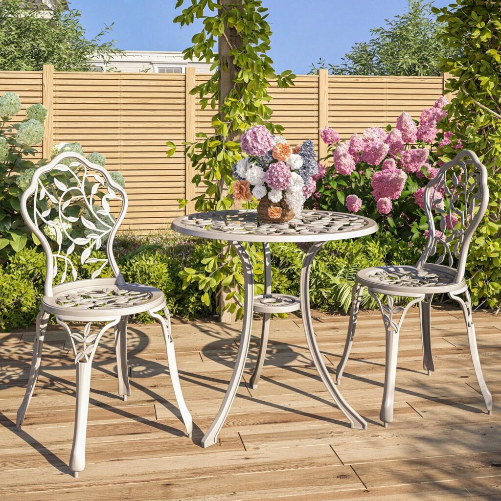 BELLEZE 3 Piece Bistro Set, Aluminum Bistro Table Set Outdoor Bistro Set, Weather-Resistant Garden Table and Chairs Wrought Iron Patio Furniture for Balcony Backyard, Leaf Design - White