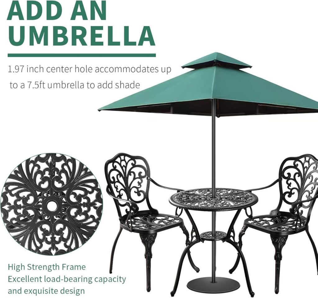 Bistro Table and Chairs Set of 2 with Umbrella Hole,Cast Aluminum Patio Bistro Sets 3 Piece,Outdoor Bistro Table Set,Patio Furniture Set for Front Porch Set,Garden(Butterfly Black)