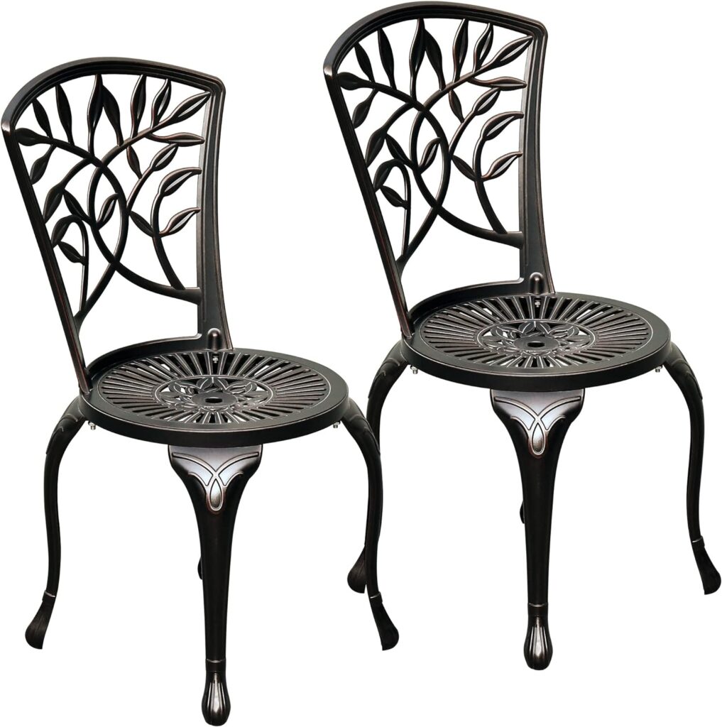 DWVO Outdoor Cast Aluminum Outdoor Chairs Set of 2, All-Weather Patio Dining Chair with Adjustable Feet for Balcony, Backyard, Deck, Garden, Hammered Bronze