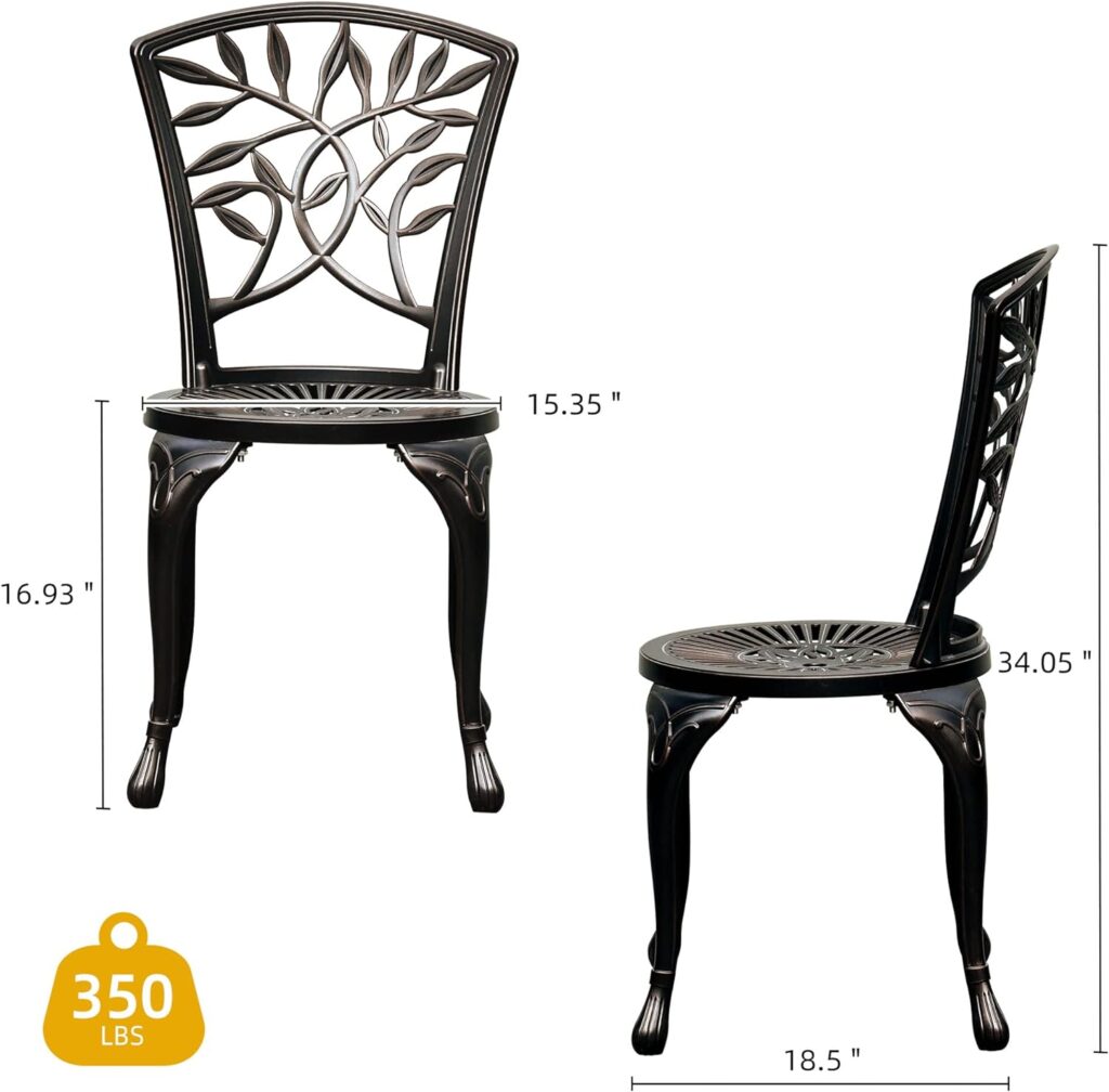 DWVO Outdoor Cast Aluminum Outdoor Chairs Set of 2, All-Weather Patio Dining Chair with Adjustable Feet for Balcony, Backyard, Deck, Garden, Hammered Bronze