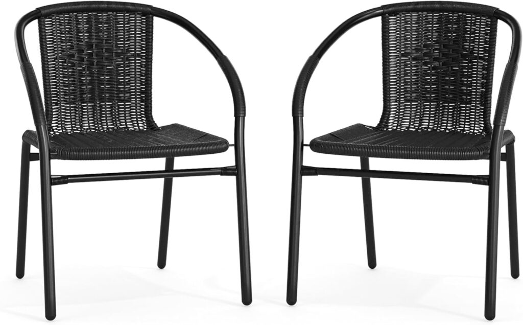 EMMA + OLIVER 2 Pack Black Rattan Indoor-Outdoor Restaurant Stack Chair with Curved Back