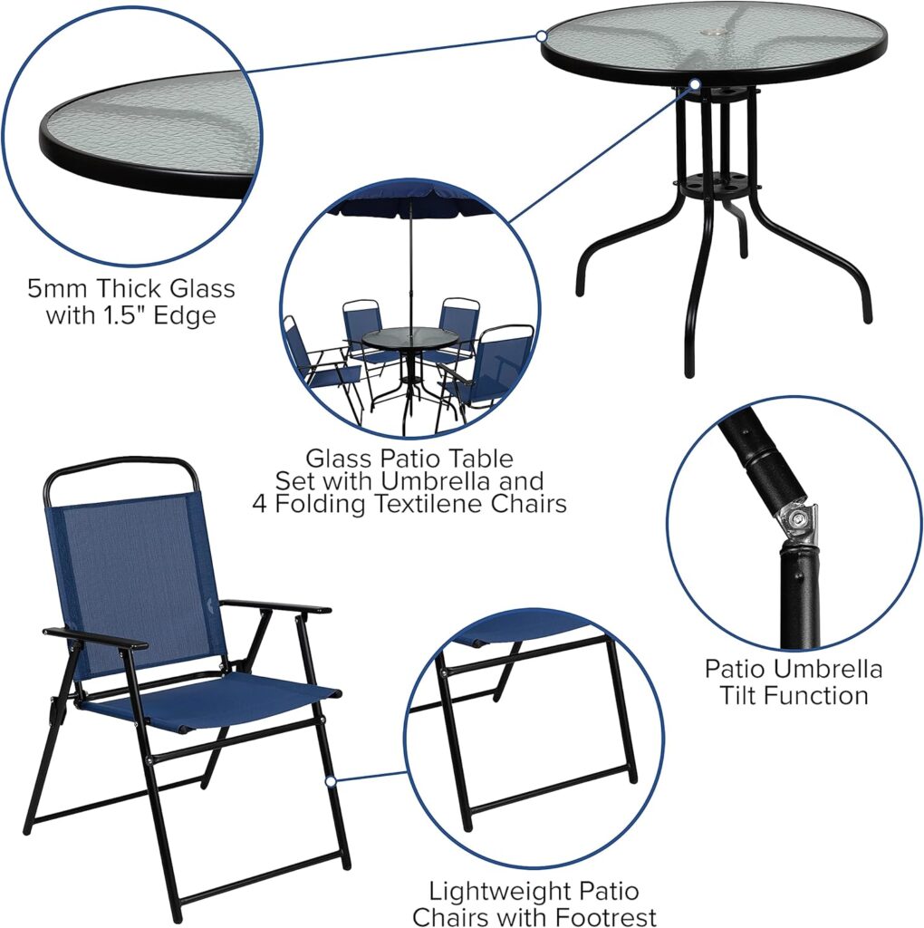 Flash Furniture Nantucket 6 Piece Patio Garden Table Set - Umbrella Table - Set of 4 Black Folding Chairs