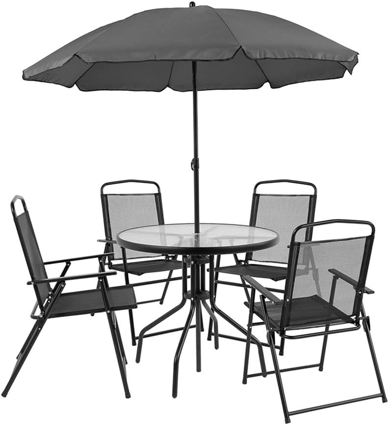 Flash Furniture Nantucket 6 Piece Patio Garden Table Set - Umbrella Table - Set of 4 Black Folding Chairs