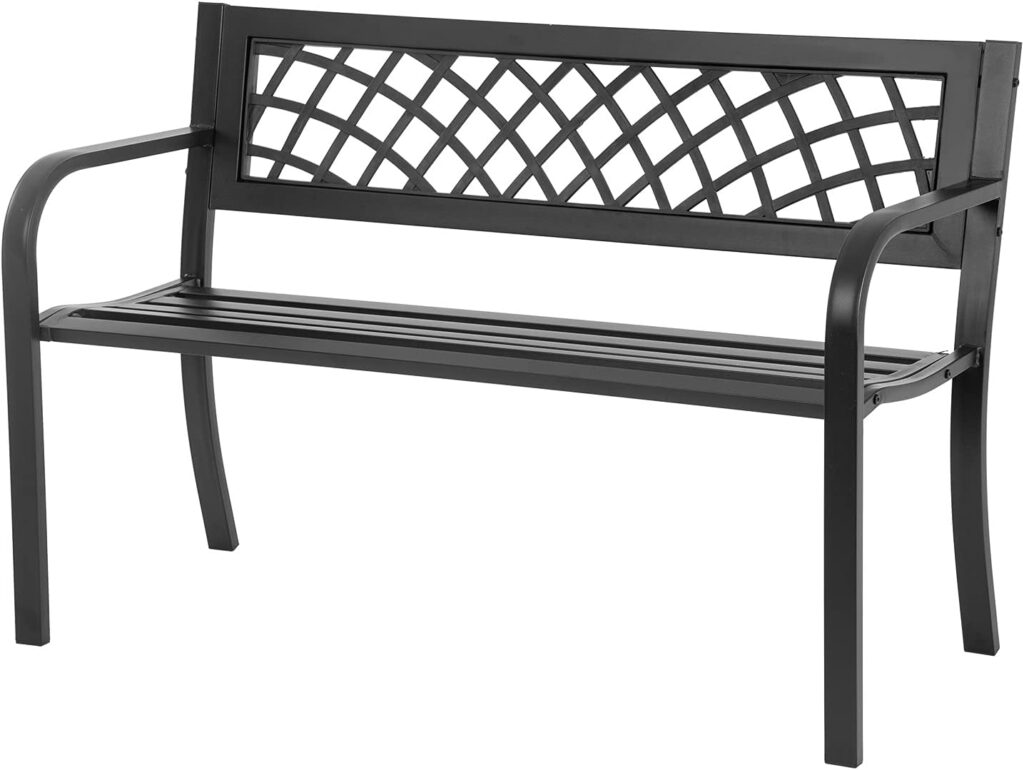 Garden Bench,Outdoor Benches,Iron Steel Frame Patio Bench with Mesh Pattern and Plastic Backrest Armrests for Lawn Yard Porch Work Entryway,Black