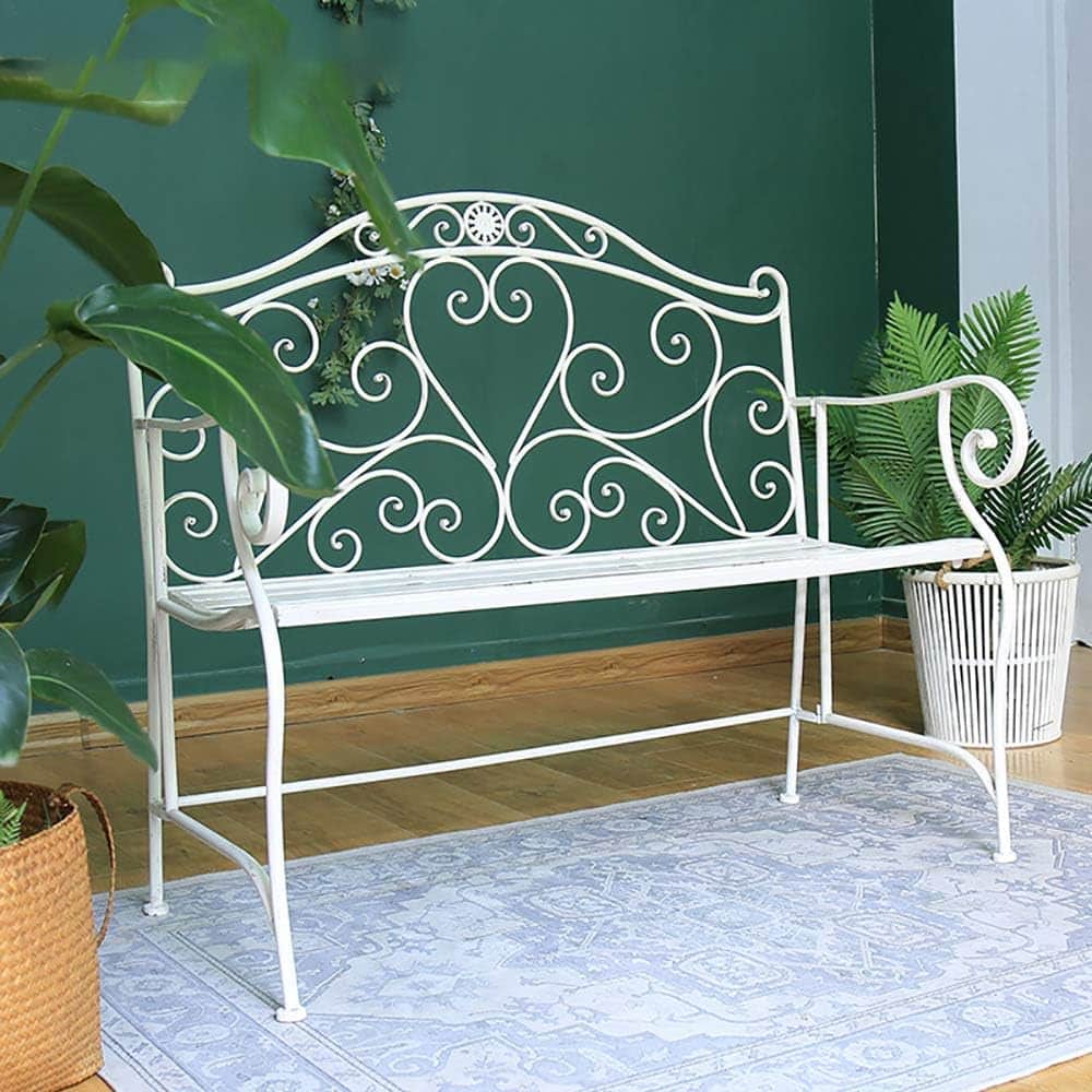 Household Outdoor Garden Bench Courtyard Double Chair, Metal Wrought Iron Leisure Porch Decorative Bench, Retro Bench with Hollow Back and Armrest, Suitable for