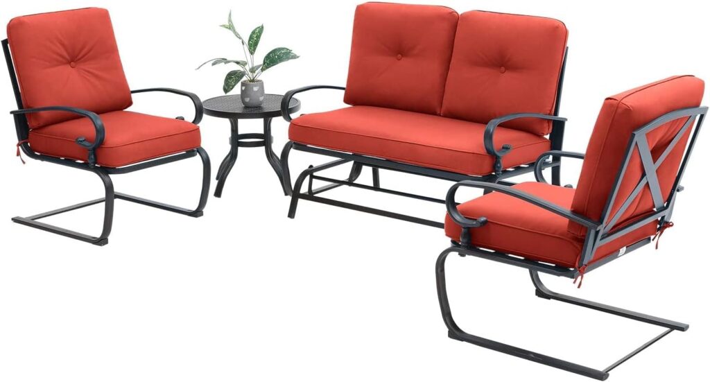 Incbruce 4Pcs Outdoor Metal Furniture Patio Conversation Sets (Glider, Bistro Table, 2 Spring Lounge Chairs) - Wrought Iron Outdoor Glider Chairs Sets (red)