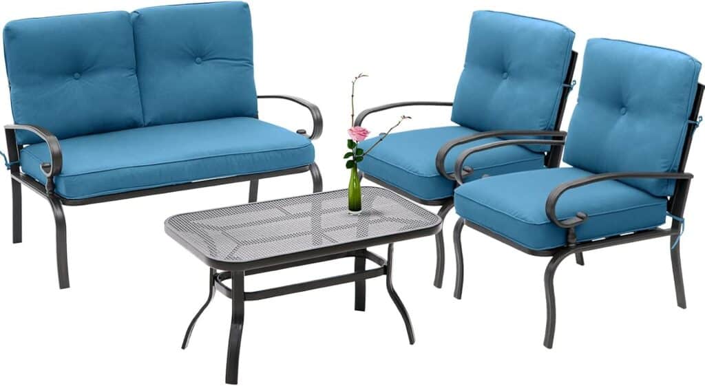 Incbruce 4Pcs Outdoor Metal Furniture Sets Wrought Iron Patio Furniture Conversation Set (Loveseat, Coffee Table, 2 Chairs) - Steel Frame Patio Seating Set with Peacock Blue Cushions