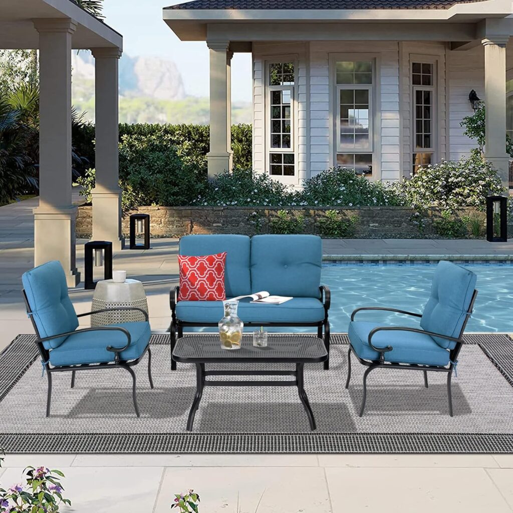 Incbruce 4Pcs Outdoor Metal Furniture Sets Wrought Iron Patio Furniture Conversation Set (Loveseat, Coffee Table, 2 Chairs) - Steel Frame Patio Seating Set with Peacock Blue Cushions