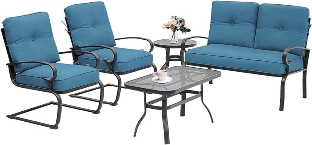 Incbruce 5 Piece Wrought Iron Patio Furniture Set Metal Outdoor Conversation Sets (Loveseat, Coffee Table and Bistro Table, 2 Spring Chair) with Cushion (Peacock Blue)