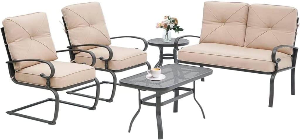 Incbruce 5 Piece Wrought Iron Patio Furniture Set Metal Outdoor Conversation Sets (Loveseat, Coffee Table and Bistro Table, 2 Spring Chair) with Cushion (Peacock Blue)