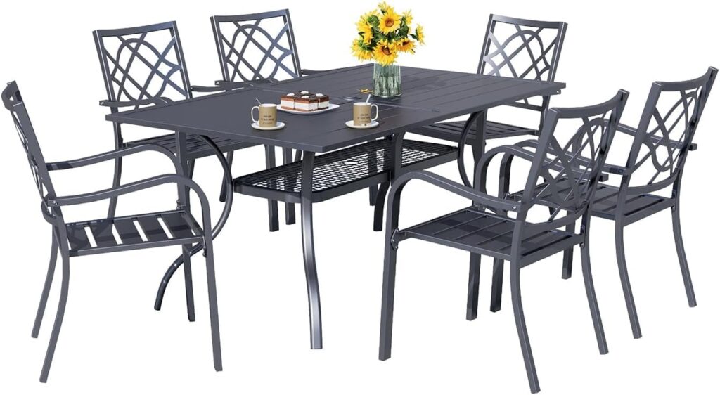 Incbruce 7 Pcs Outdoor Dining Set Wrought Iron Patio Dining Set, Dining Furniture Set (6 Dining Chair and 1 Rectangular Table with 1.57 Umbrella Hole) for Garden,Backyard(Metal Tabletop)