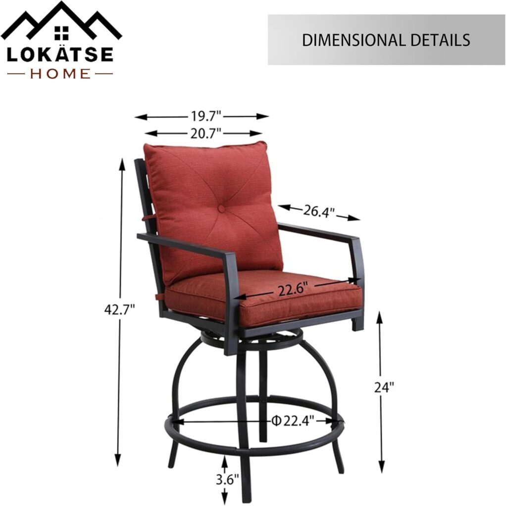 LOKATSE HOME 2 PCS Outdoor Patio Bar Height Swivel Chairs with Seat and Back Cushions, for Backyard, Garden, Bistro, Deck, Poolside, Red