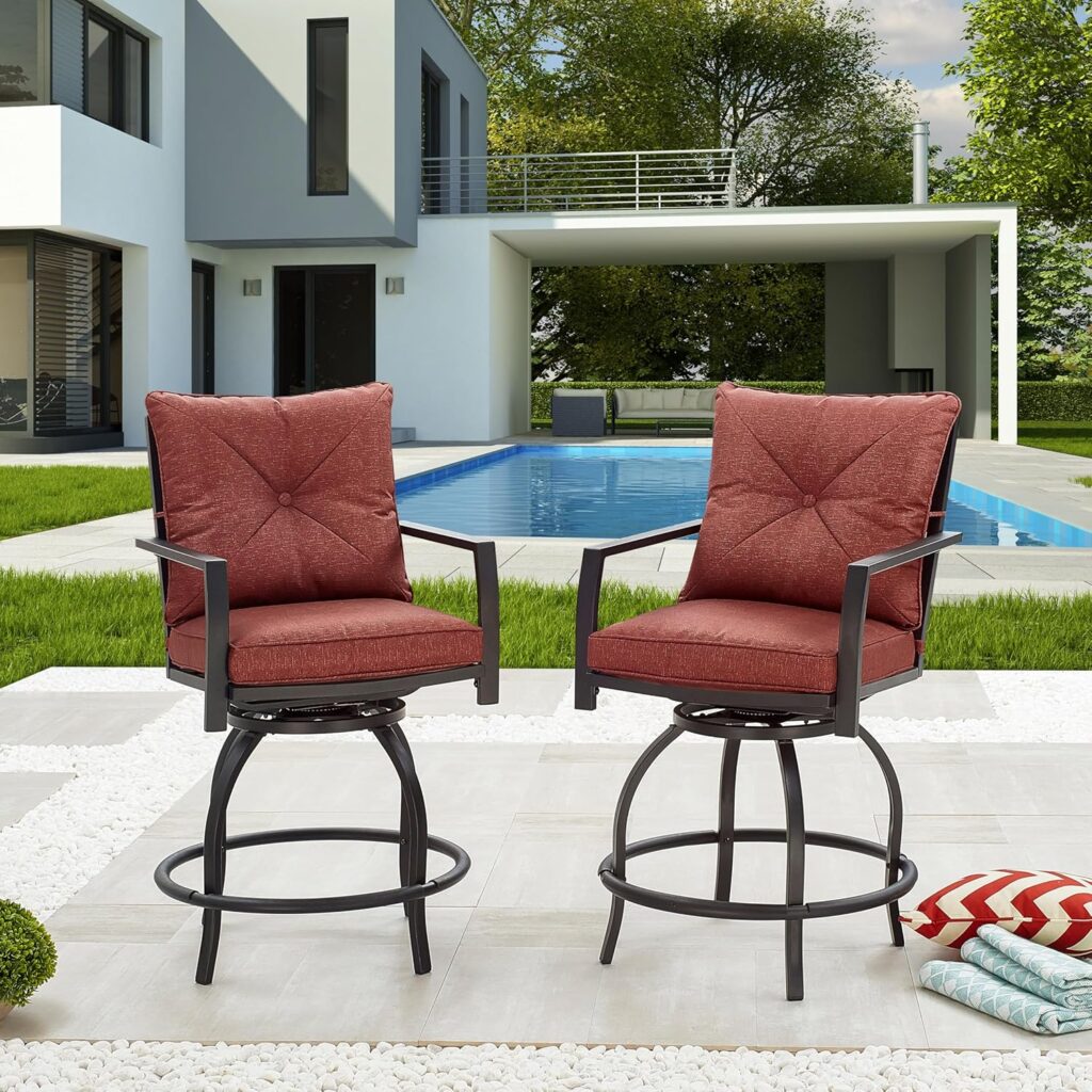 LOKATSE HOME 2 PCS Outdoor Patio Bar Height Swivel Chairs with Seat and Back Cushions, for Backyard, Garden, Bistro, Deck, Poolside, Red