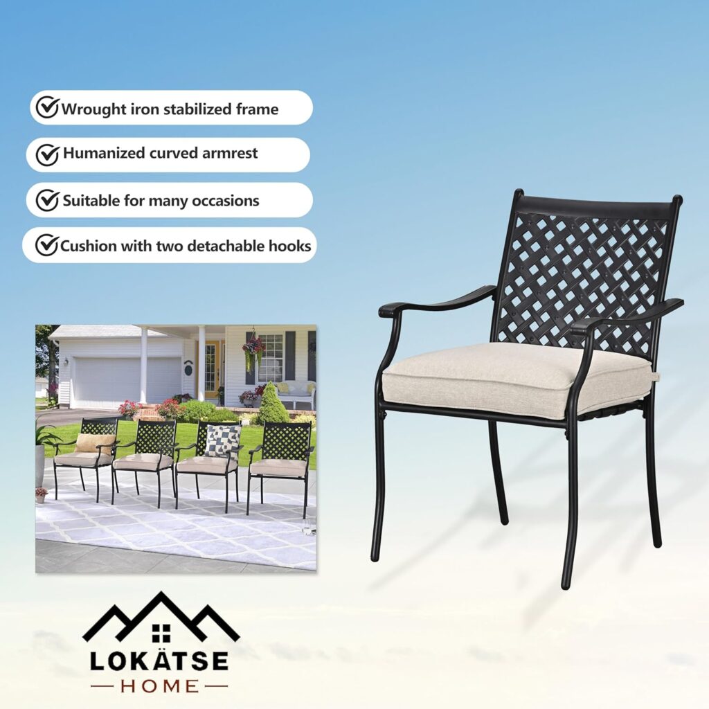 LOKATSE HOME 4 PCS Metal Outdoor Wrought Iron Patio Dining Armrest Chairs with Seat Cushion for Balcony, Garden, Backyard, Grey