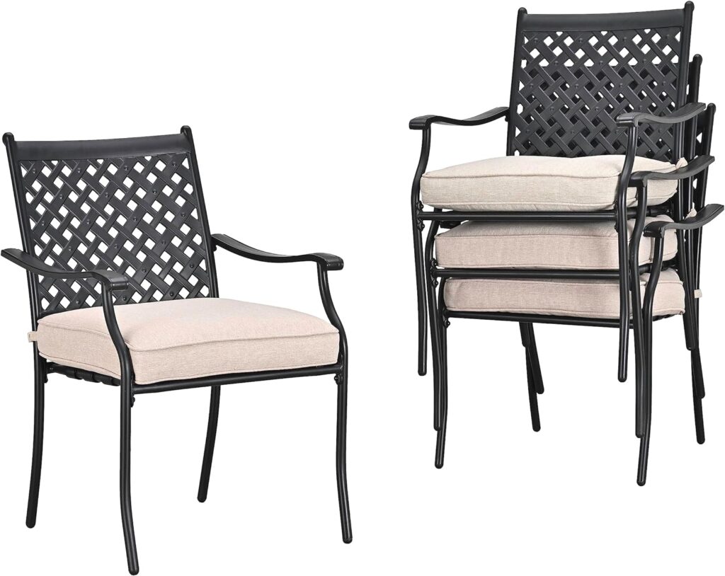 LOKATSE HOME 4 Piece Outdoor Patio Metal Wrought Iron Dining Chair Set with Arms and Seat Cushions - Beige