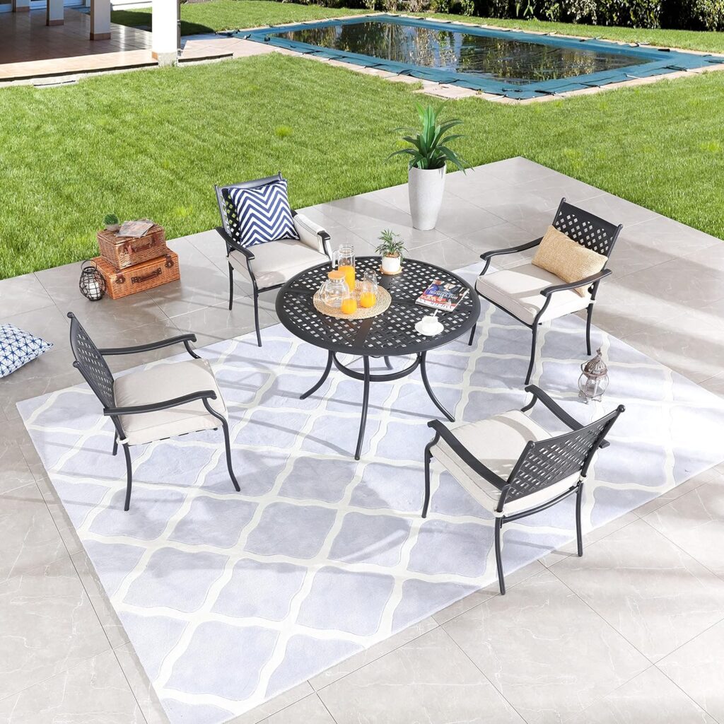 LOKATSE HOME 5 PCS Outdoor Patio Dining Set 4 Armchair with Cushions and 1 Round Table with 2.04 Umbrella Hole, Grey