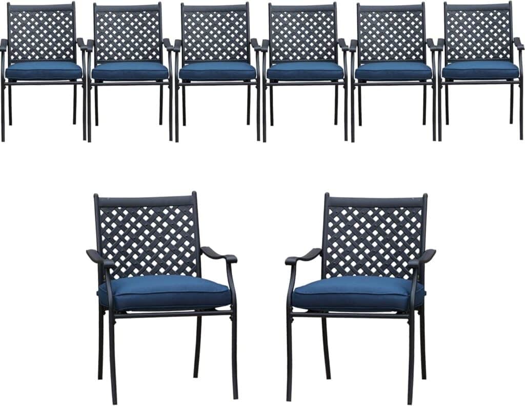 LOKATSE HOME 8 Piece Outdoor Patio Dining Chair Set Metal Furniture with Arms and Seat Cushions, Blue