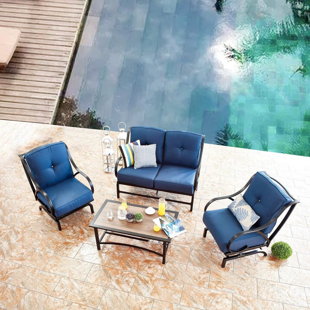 LOKATSE HOME Outdoor Bistro Wrought Iron Furniture Patio Metal Conversation Seating Chair with Thick  Soft Cushions Curved Armrest, Armchair, Blue