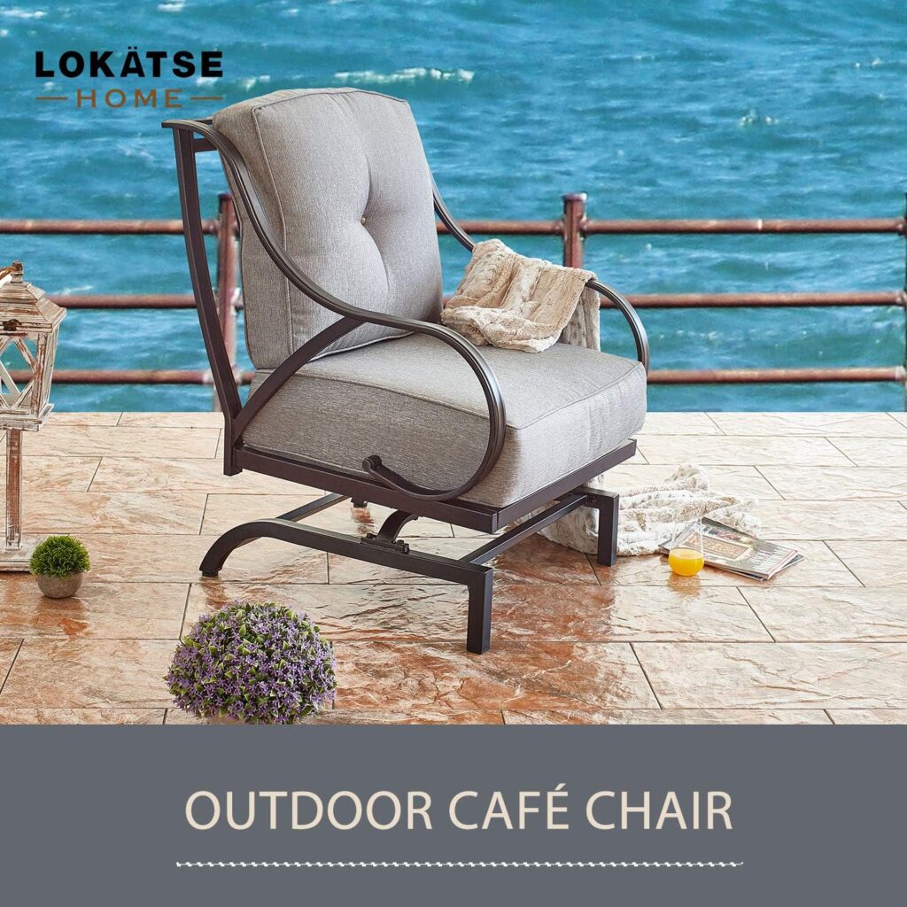 LOKATSE HOME Outdoor Bistro Wrought Iron Furniture Patio Metal Conversation Seating Chair with Thick  Soft Cushions Curved Armrest, Armchair, Blue