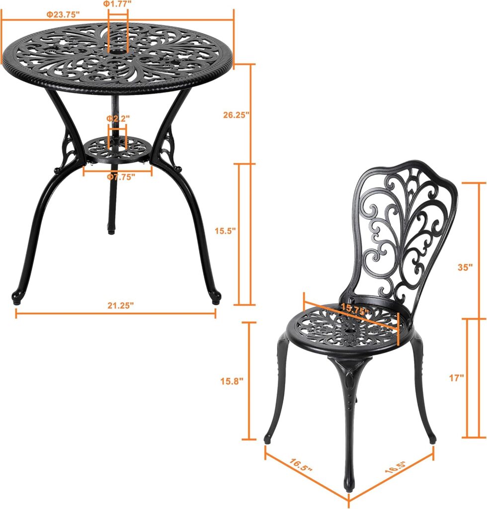 NUU GARDEN 3 Piece Outdoor Bistro Table Set, All Weather Cast Aluminum Patio Bistro Sets Patio Table and Chairs Set of 2 with Umbrella Hole for Yard, Balcony, Black