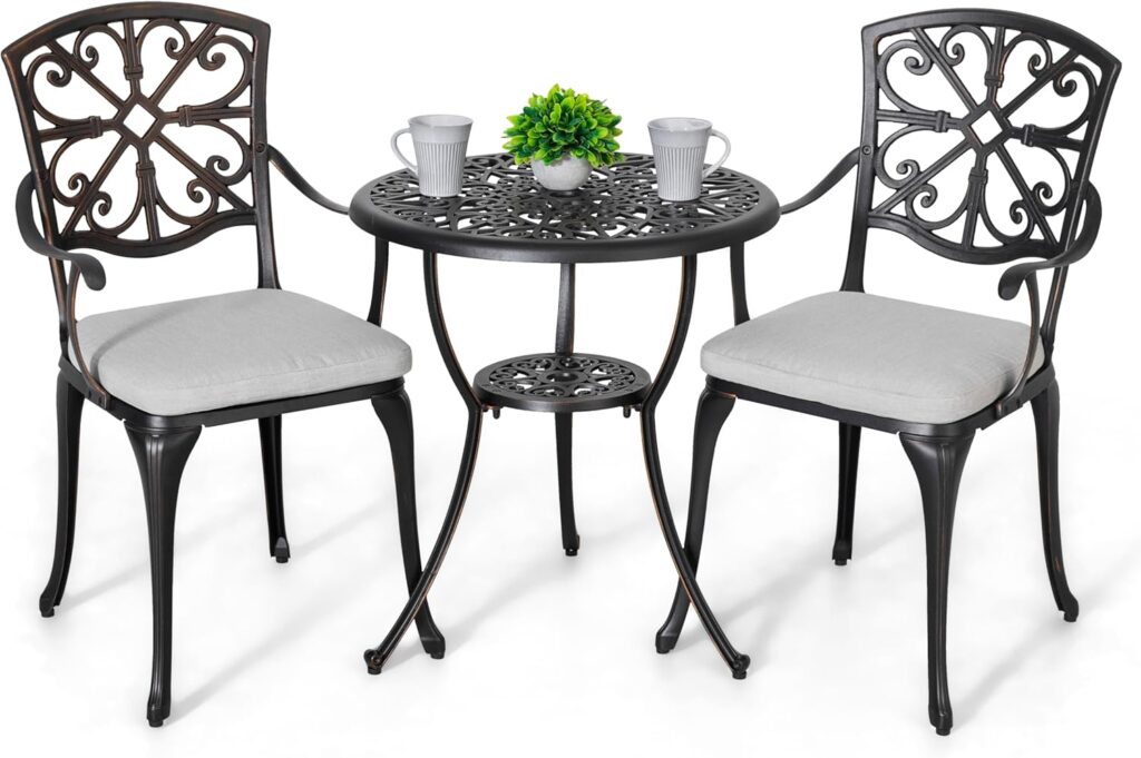 NUU GARDEN Bistro Set 3 Piece Outdoor All Weather Cast Aluminum Patio Bistro Set Patio Table and Chairs Set of 2 with Umbrella Hole and Grey Cushions for Backyard, Balcony, Lawn, Black