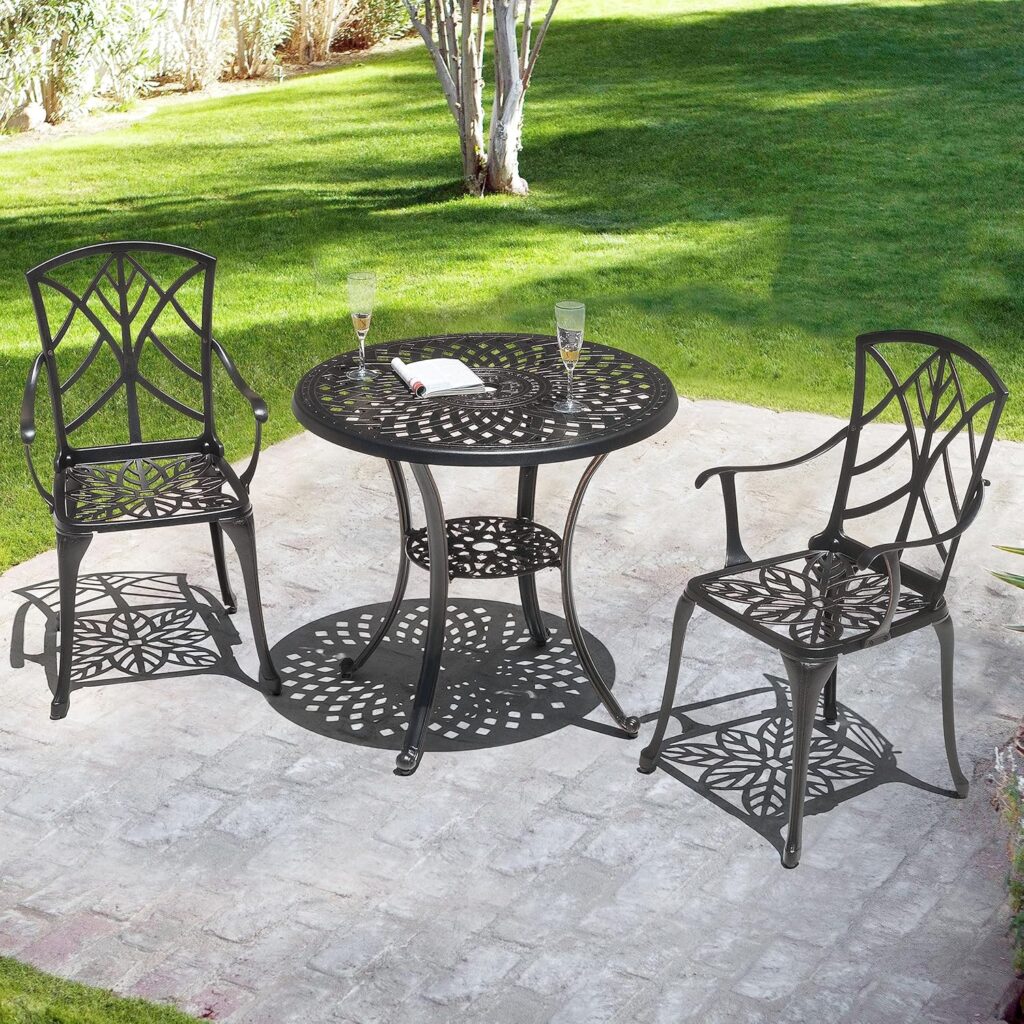 NUU GARDEN Bistro Set 3 Piece Outdoor All Weather Cast Aluminum Patio Bistro Set Patio Table and Chairs Set of 2 with Umbrella Hole and Grey Cushions for Backyard, Balcony, Lawn, Black