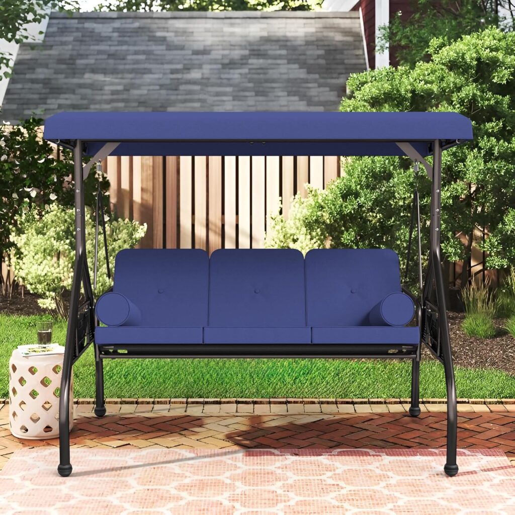 Oakcloud 3-Seat Outdoor Porch Swing,Large Converting Swing Chair with Adjustable Canopy,Patio Swing Glider with Thicken Cushions  Pillows for Poolside Balcony Backyard (Blue)