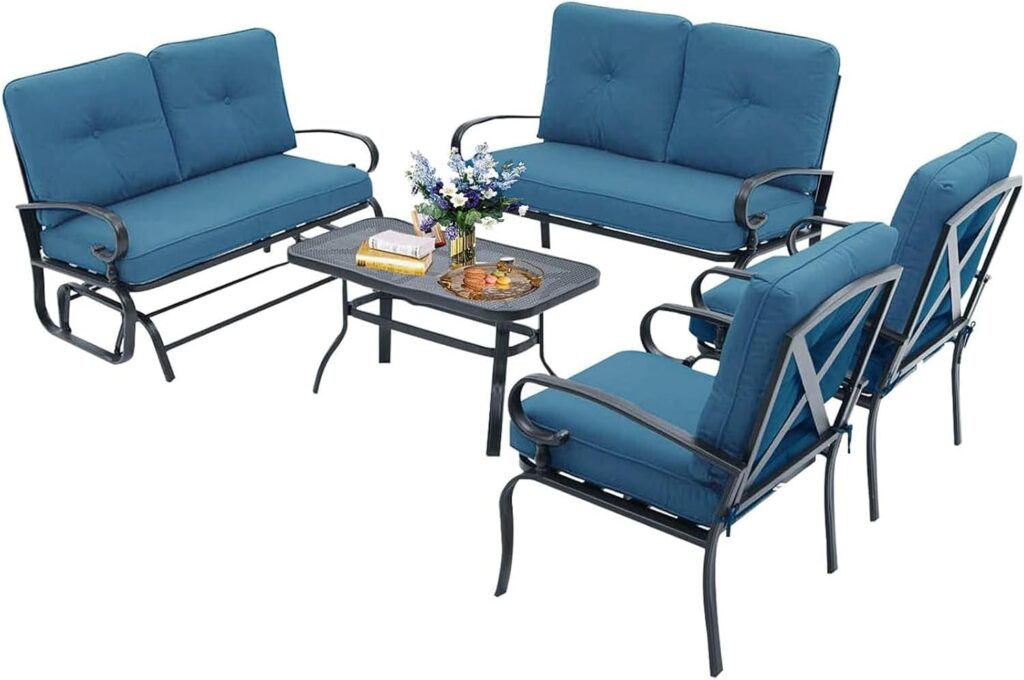 Oakcloud 5-Piece Outdoor Metal Furniture Sets Patio Conversation Set Wrought Iron Glider, 2 Single Chairs, Loveseat and Coffee Table, Peacock Blue