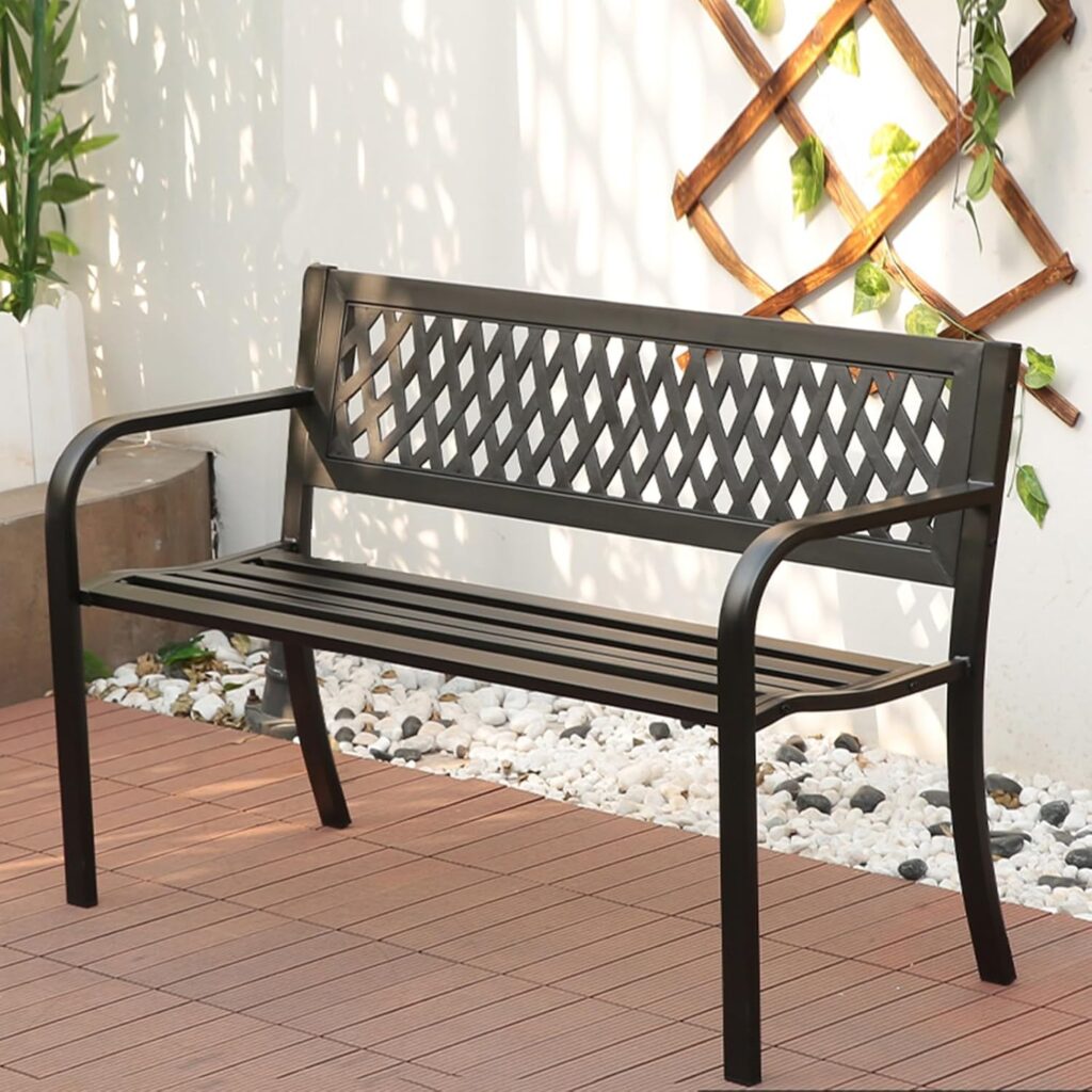 Outdoor Bench Metal, Porch Benches Chair, Garden Bench, Wrought Iron Bench, Outdoor Bench with Backrest and Armrests, Patio Porch Furniture for Lawn, Park, Deck w/Floral Design Backrest, Slatted Seat