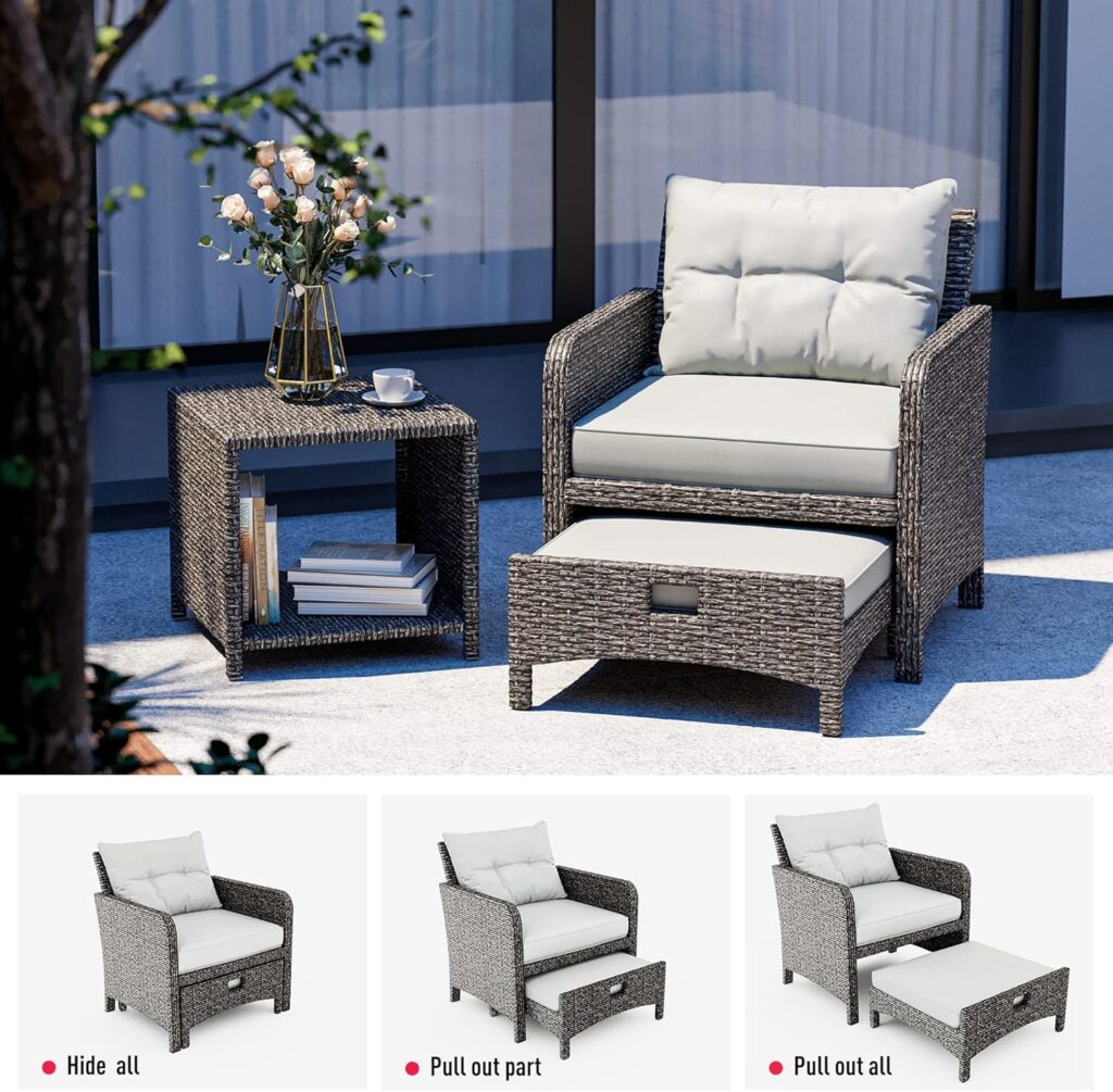 Pamapic 5 Pieces Wicker Patio Furniture Set Outdoor Patio Chairs with Ottomans Conversation Furniture with coffetable for Poorside Garden Balcony(Grey Cushion +Grey Rattan)…