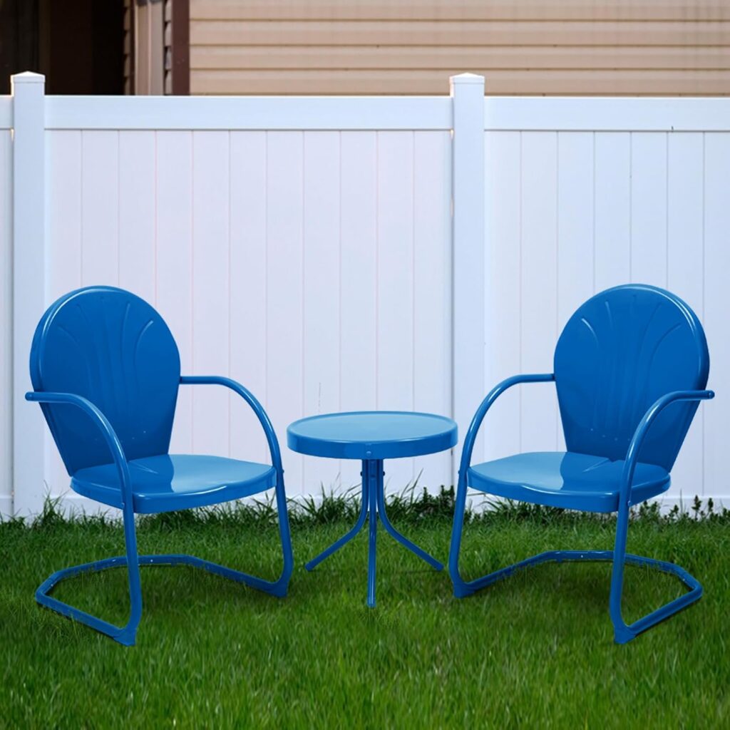 Patio Bistro Set 3 Piece Outdoor, Retro Metal Lawn Chairs, 2 C-Spring Metal Outdoor Chairs and Round Side Table, Sky Blue