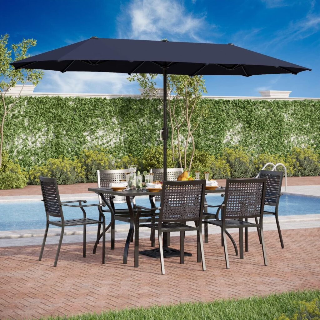 PHI VILLA 5 Pieces Patio Dining Set for 4 with 10ft Patio Umbrella, Metal Patio Circle Table Outdoor Stackable Wrought Iron Chair Set of 4  42 Large Round Dining Table,3 Tier Vented Beige Umbrella