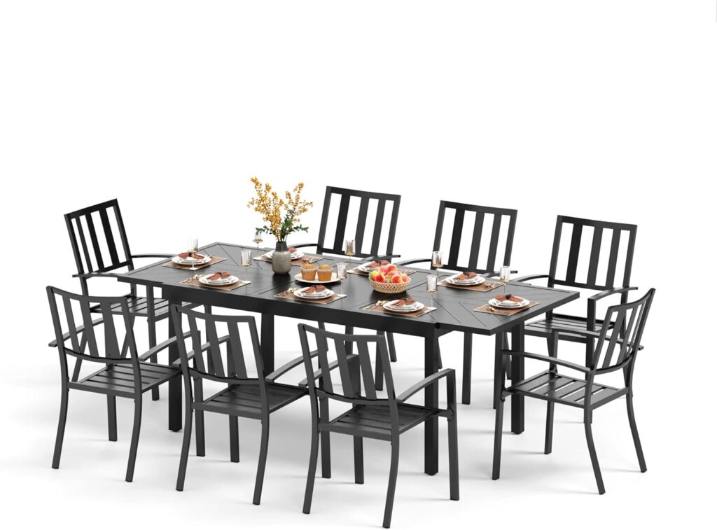 PHI VILLA 9 Piece Outdoor Dining Table for 8, Expandable Wrought Iron Dining Table  Stacking Steel Chairs, Large Metal Dining Furniture for Patio, Deck, Yard, Porch