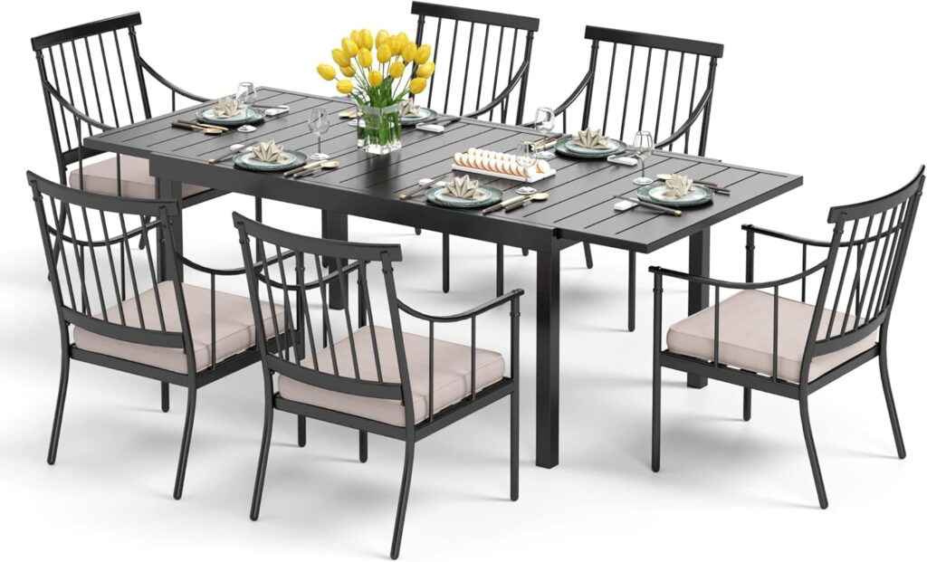 PHI VILLA 9 Piece Outdoor Dining Table for 8, Expandable Wrought Iron Dining Table  Stacking Steel Chairs, Large Metal Dining Furniture for Patio, Deck, Yard, Porch