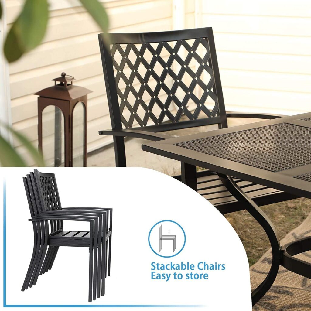 PHI VILLA Patio Dining Set Wrought Iron Outdoor Table and Chairs Furniture Set 5 Piece, 37 Square Bistro Table with Umbrella Hole and 4 Backyard Garden Chairs Support 300LBS for Deck, Lawn, Garden